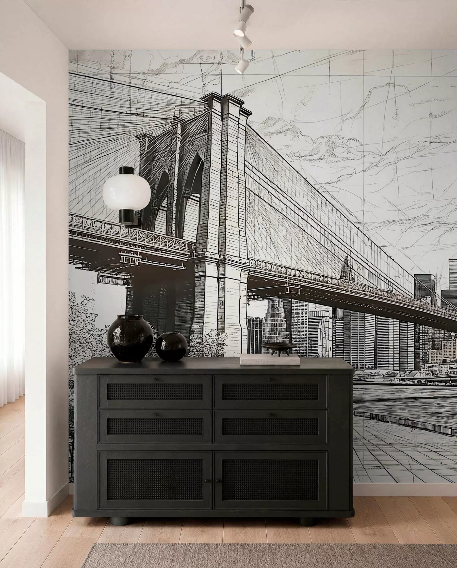 wall murals Panorama of the Brooklyn Bridge made in a sketchy retro technique with lines and scratches w01961