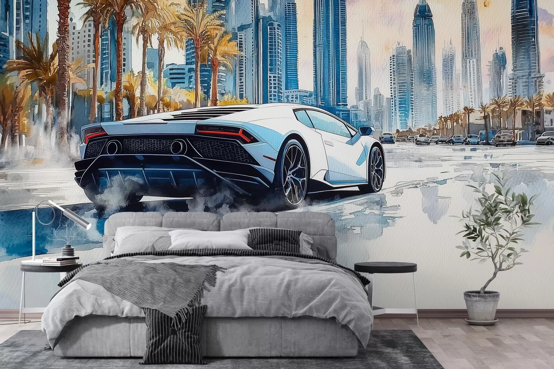 wall murals A white modern sport car racing against the background of palm trees and skyscrapers in free watercolor technique w01963