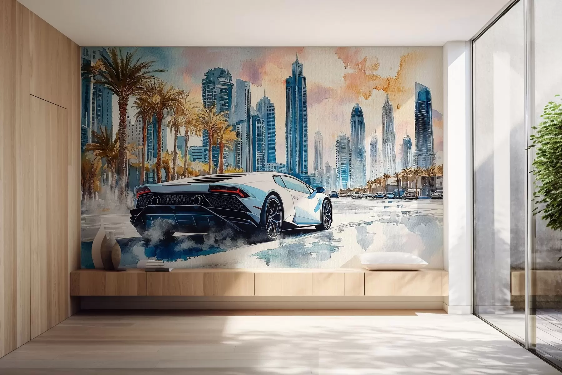 wall murals A white modern sport car racing against the background of palm trees and skyscrapers in free watercolor technique w01963