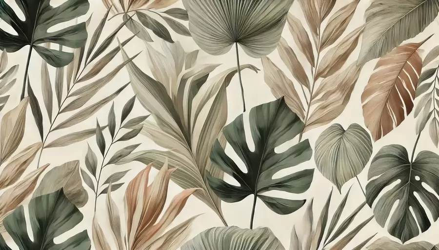 wall murals Large tropical leaves in restrained delicate pastel shades w02082