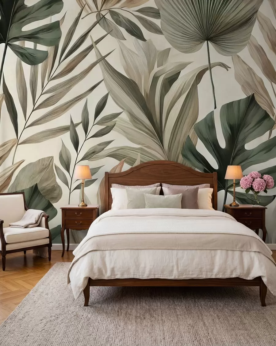 wall murals Large tropical leaves in restrained delicate pastel shades w02082