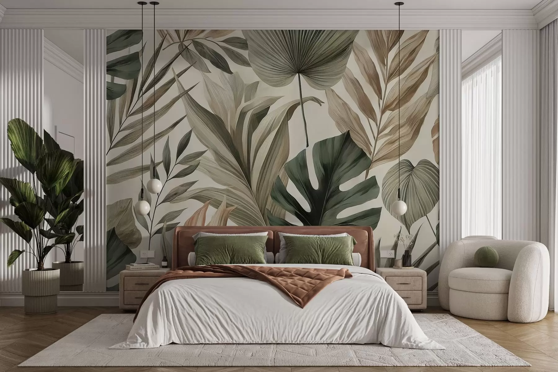 wall murals Large tropical leaves in restrained delicate pastel shades w02082