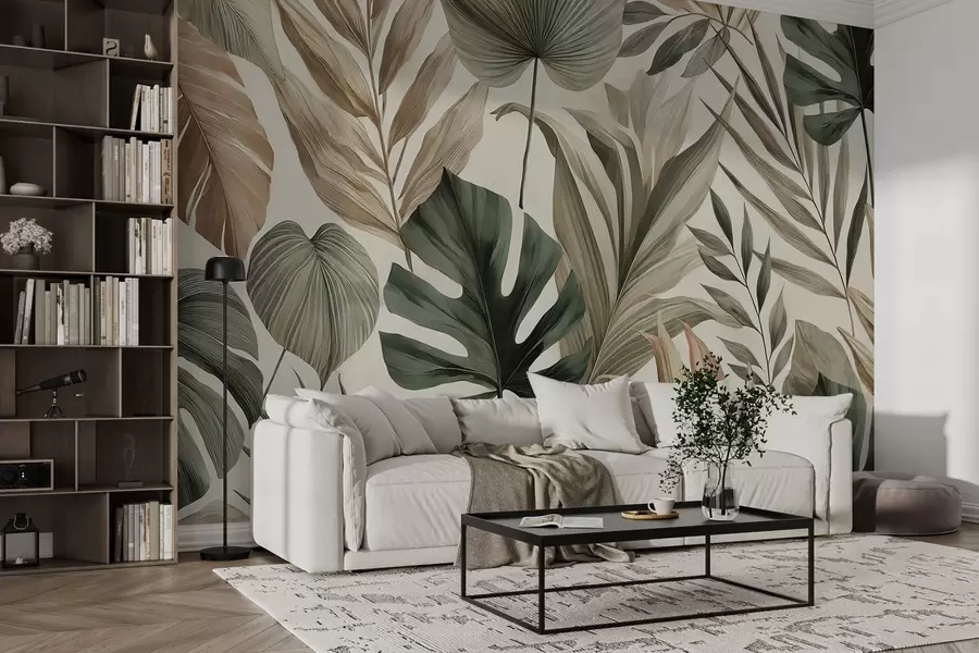 wall murals Large tropical leaves in restrained delicate pastel shades w02082