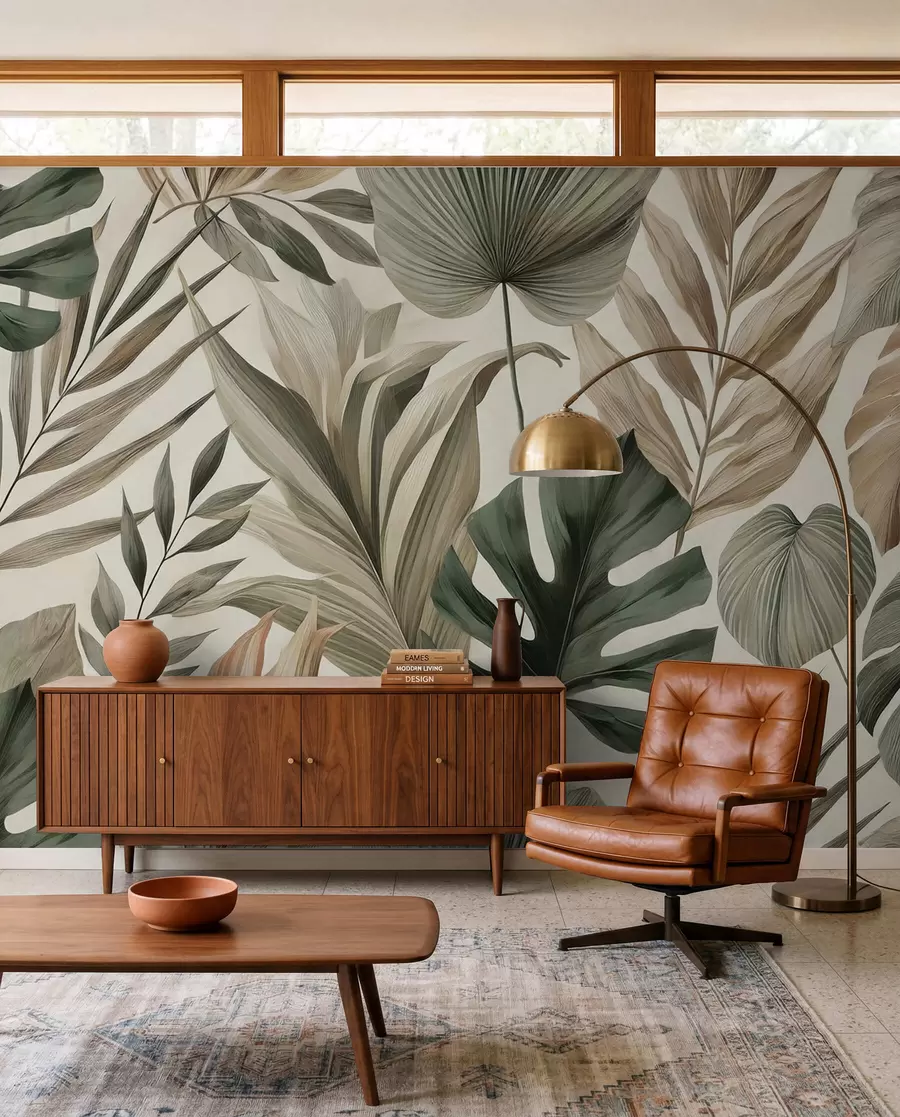 wall murals Large tropical leaves in restrained delicate pastel shades w02082