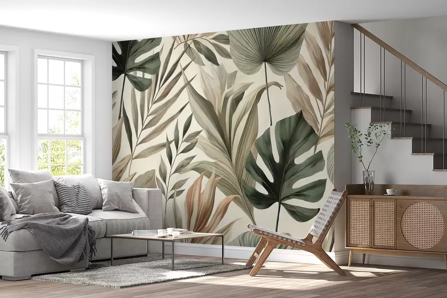 Wall murals Large tropical leaves in restrained delicate pastel shades w02082 buy UK - Uwalls.co.uk wall murals Large tropical leaves in restrained delicate pastel shades w02082