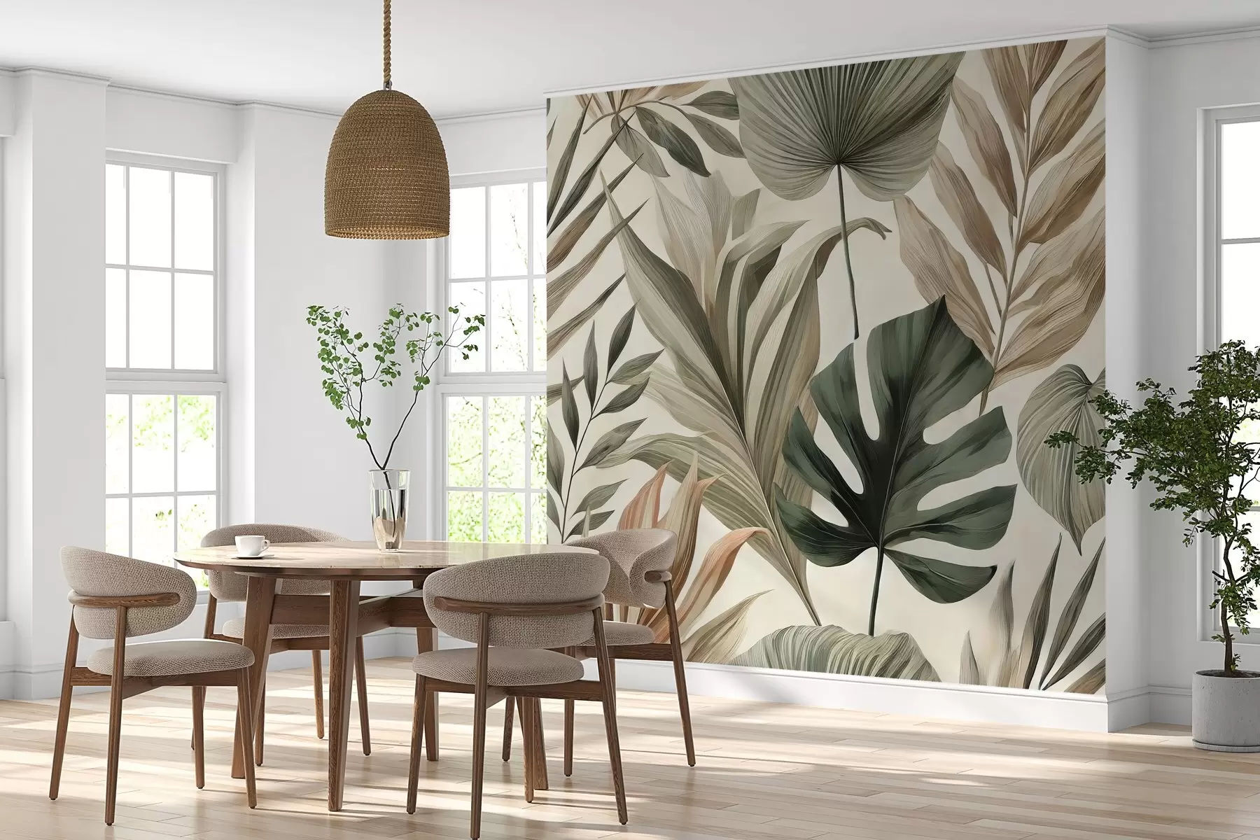 wall murals Large tropical leaves in restrained delicate pastel shades w02082