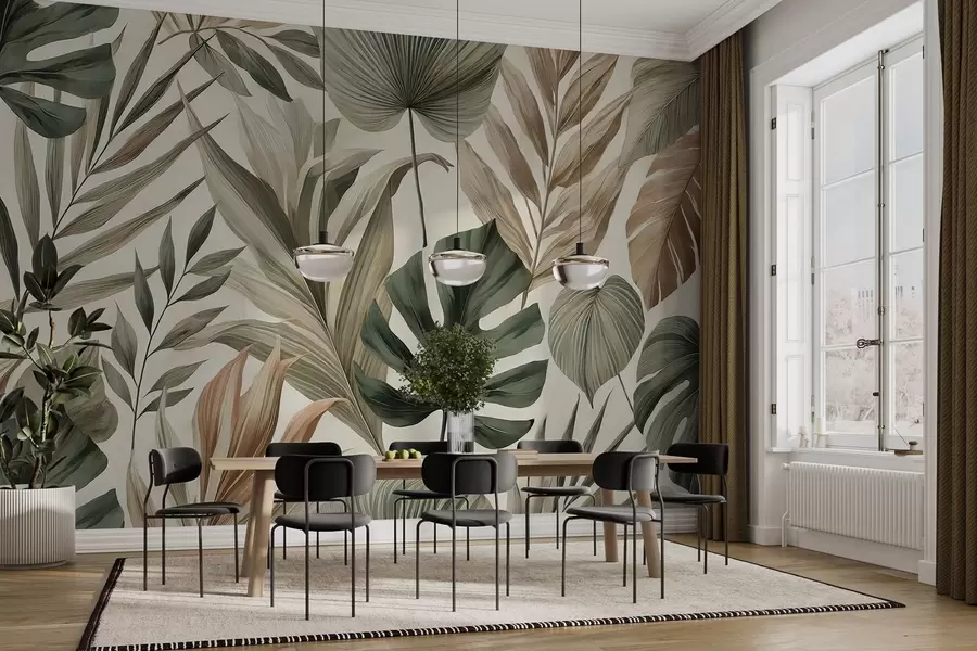 wall murals Large tropical leaves in restrained delicate pastel shades w02082