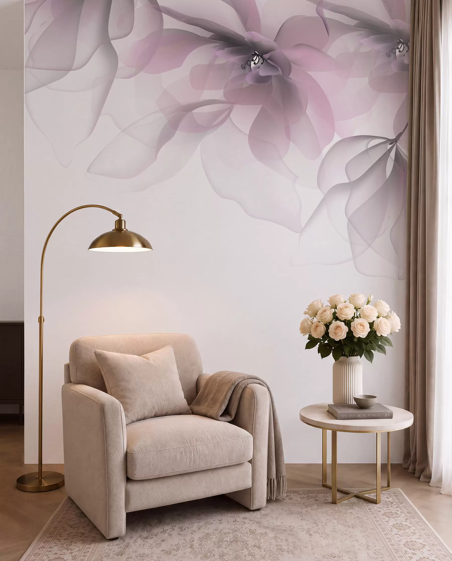 wall murals pink translucent large flowers on top w02093