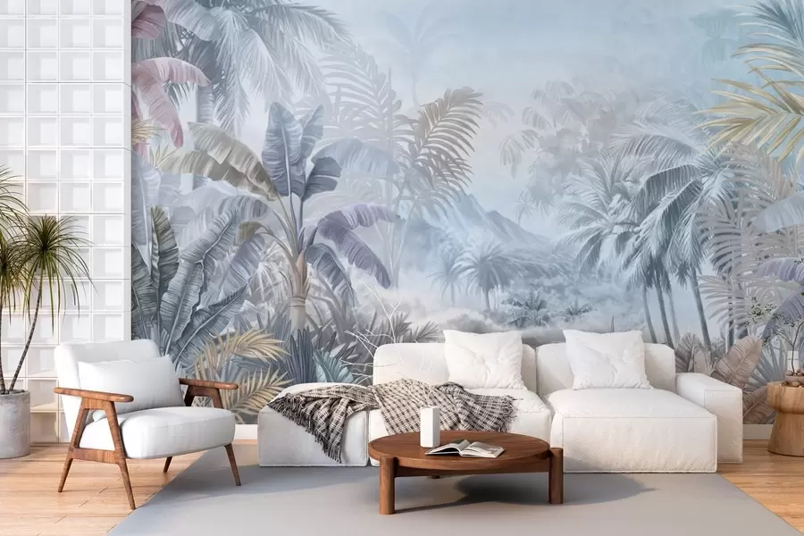 wall murals Tropical forest in soft blue tones w01931