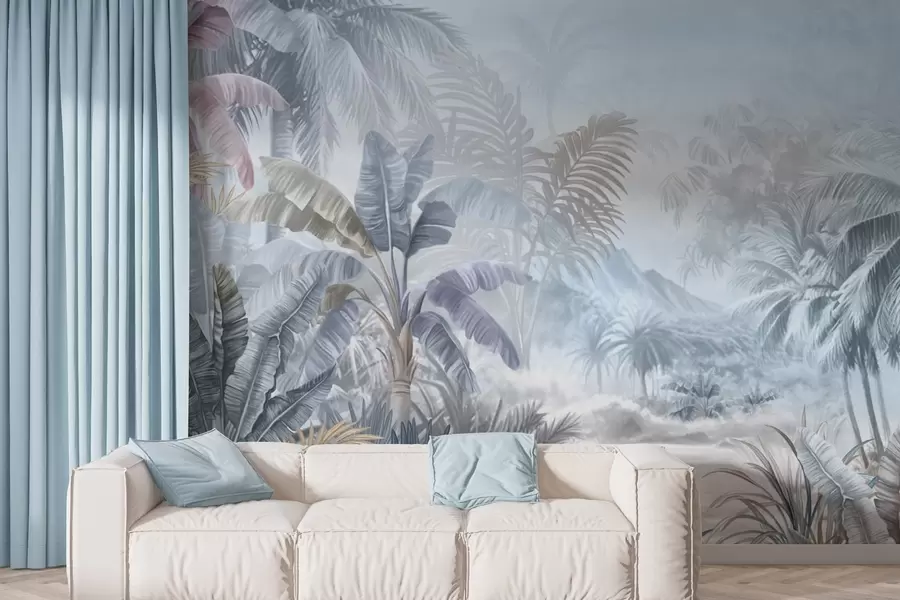 wall murals Tropical forest in soft blue tones w01931