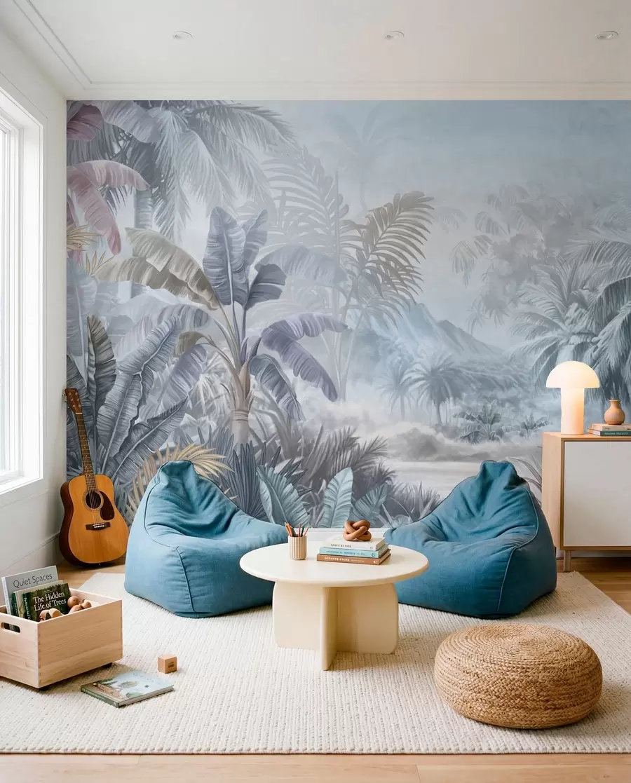 wall murals Tropical forest in soft blue tones w01931