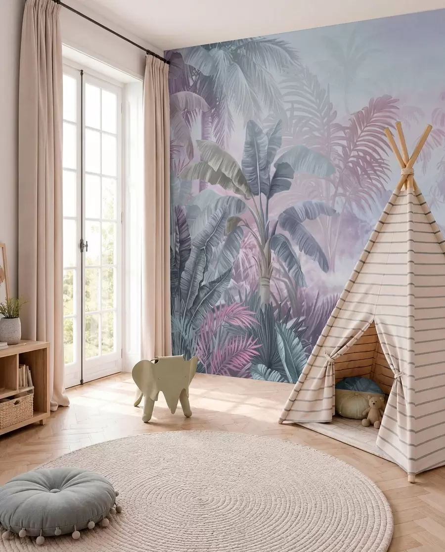 wall murals Rainforest in soft blue and pink tones w01931v2