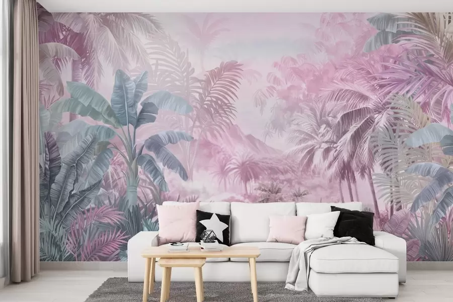 wall murals Rainforest in soft pink tones w01931v3