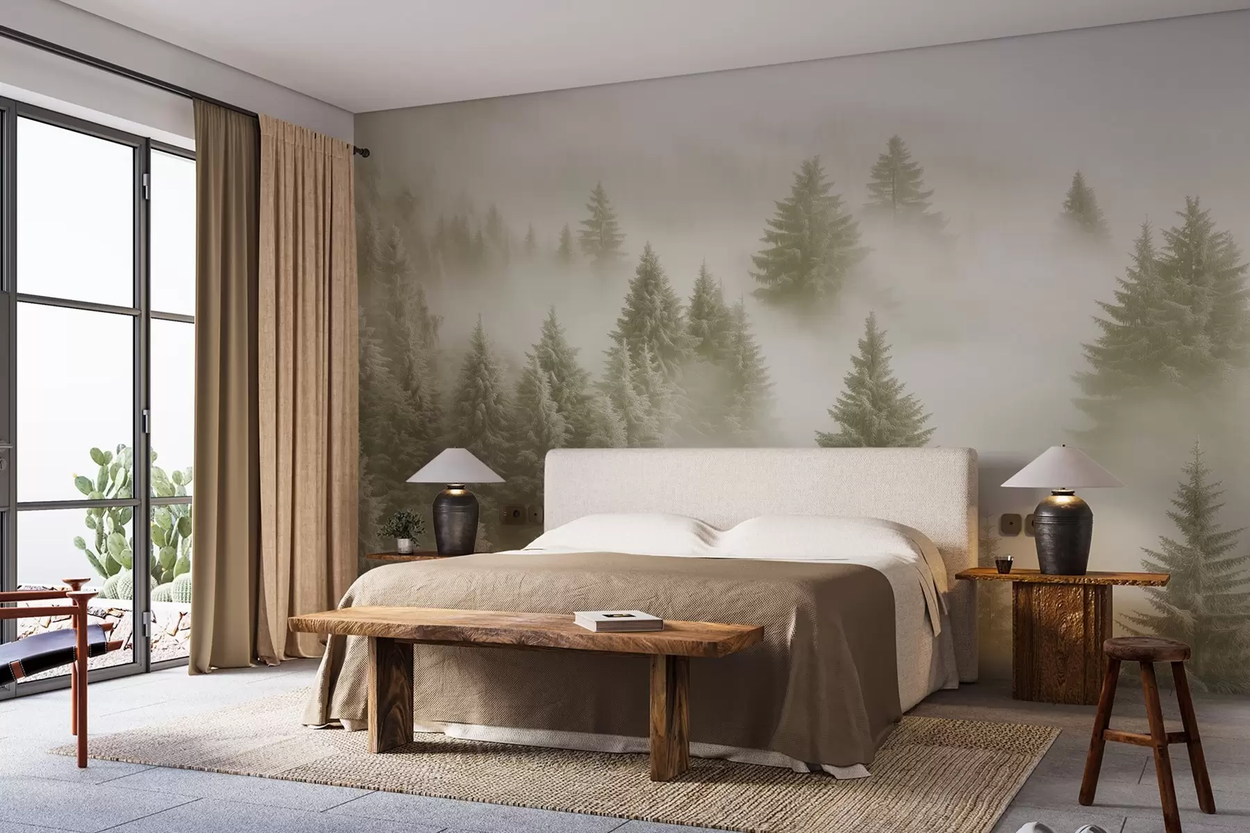 wall murals Thick fog enveloping a snowy morning forest in soft green shades w02064v2