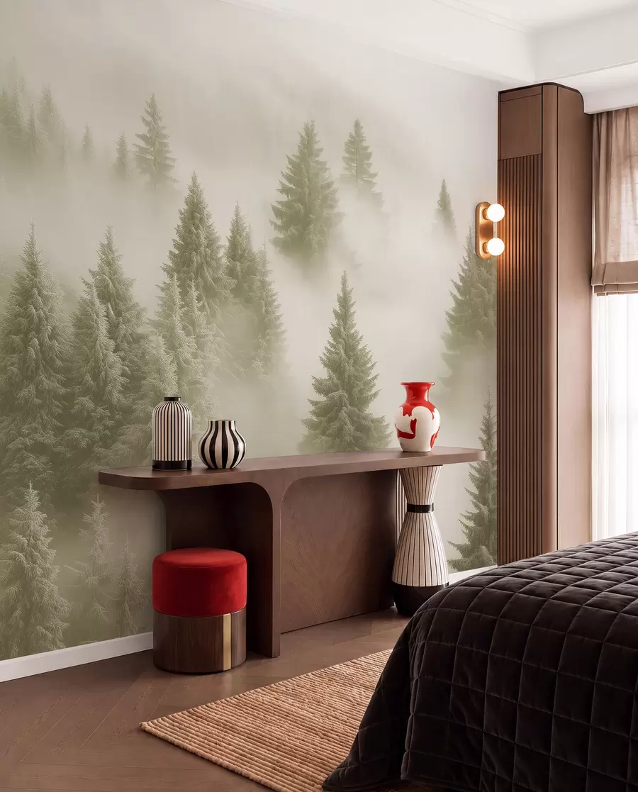 wall murals Thick fog enveloping a snowy morning forest in soft green shades w02064v2