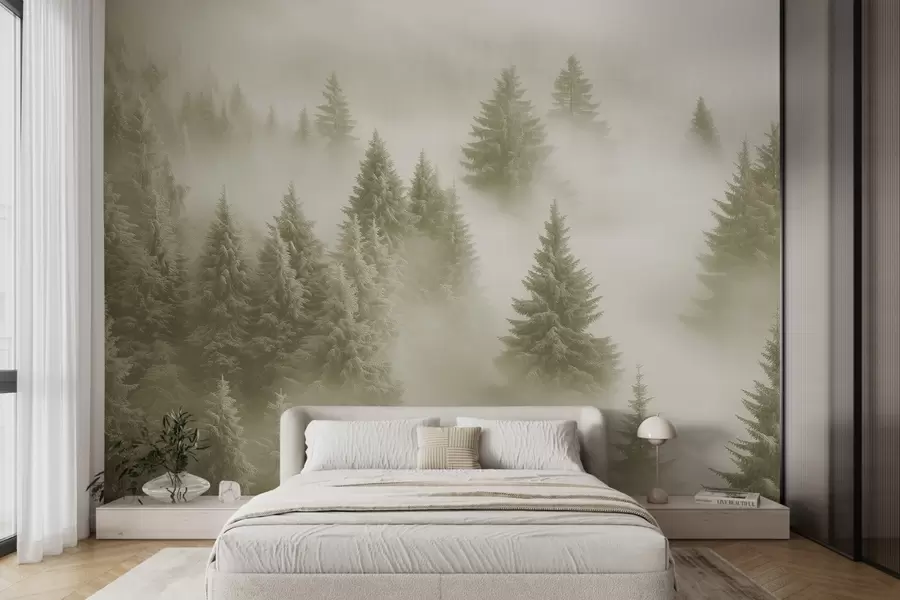 wall murals Thick fog enveloping a snowy morning forest in soft green shades w02064v2