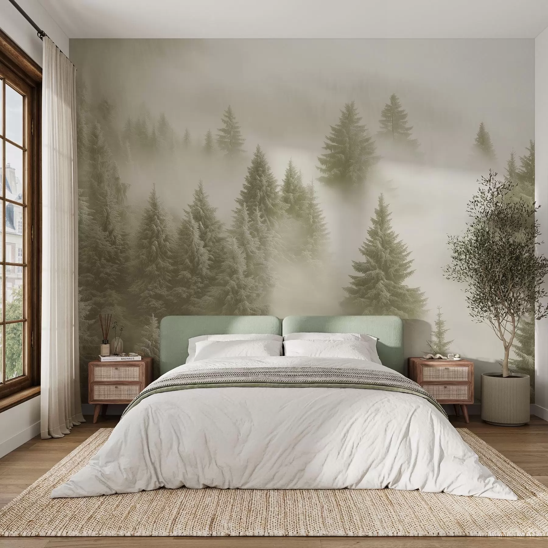 wall murals Thick fog enveloping a snowy morning forest in soft green shades w02064v2