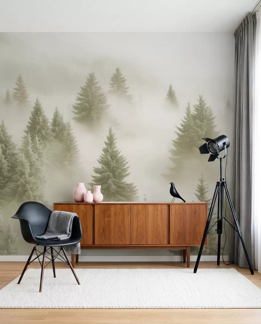 wall murals Thick fog enveloping a snowy morning forest in soft green shades w02064v2