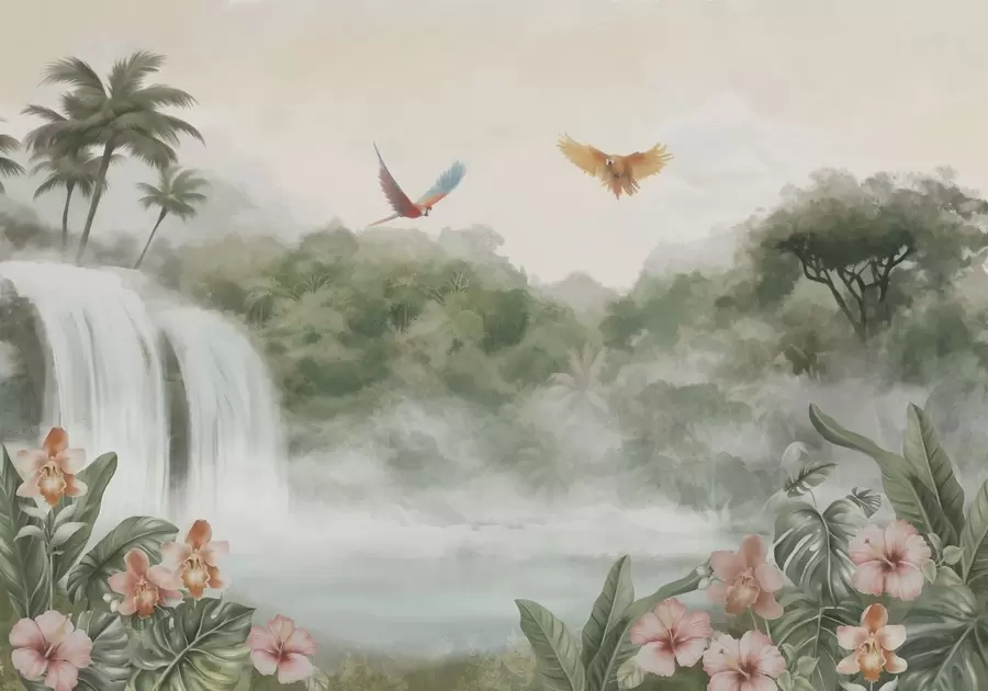 wall murals Tropical landscape with waterfall, pond, flowers and birds w02127