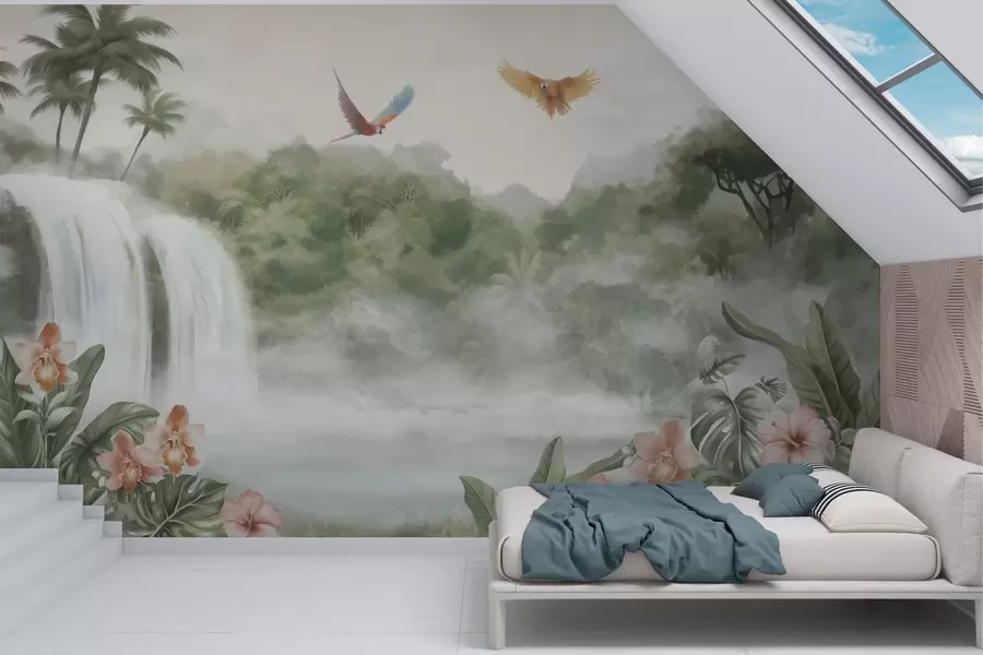 wall murals Tropical landscape with waterfall, pond, flowers and birds w02127