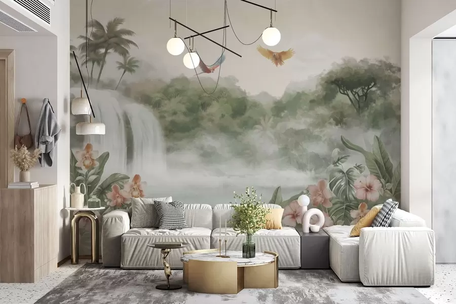 wall murals Tropical landscape with waterfall, pond, flowers and birds w02127