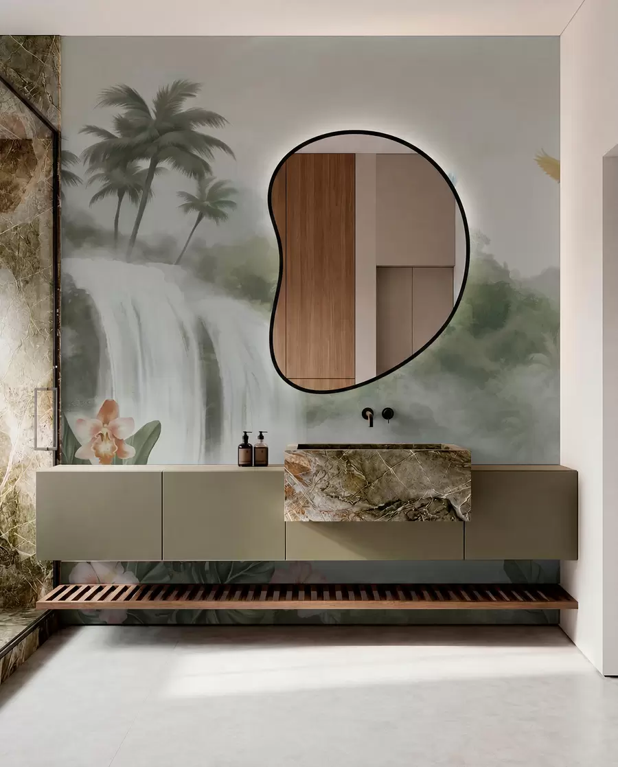 wall murals Tropical landscape with waterfall, pond, flowers and birds w02127
