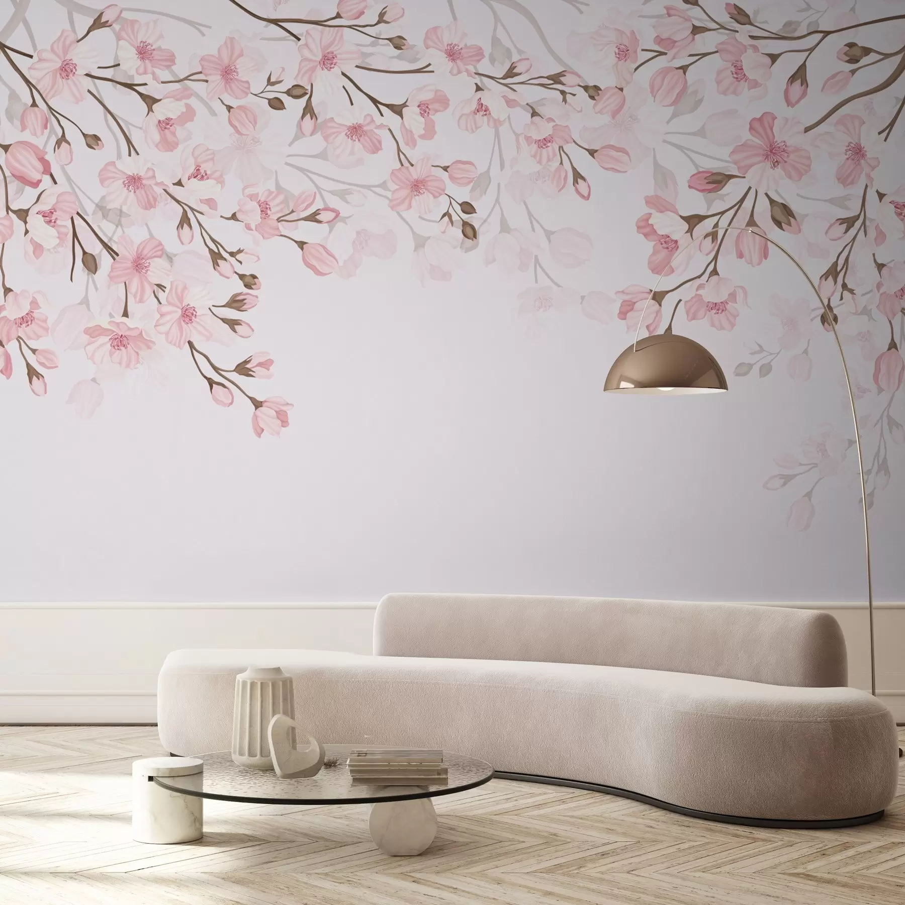 wall murals pink flowering branches on a pink background w02200