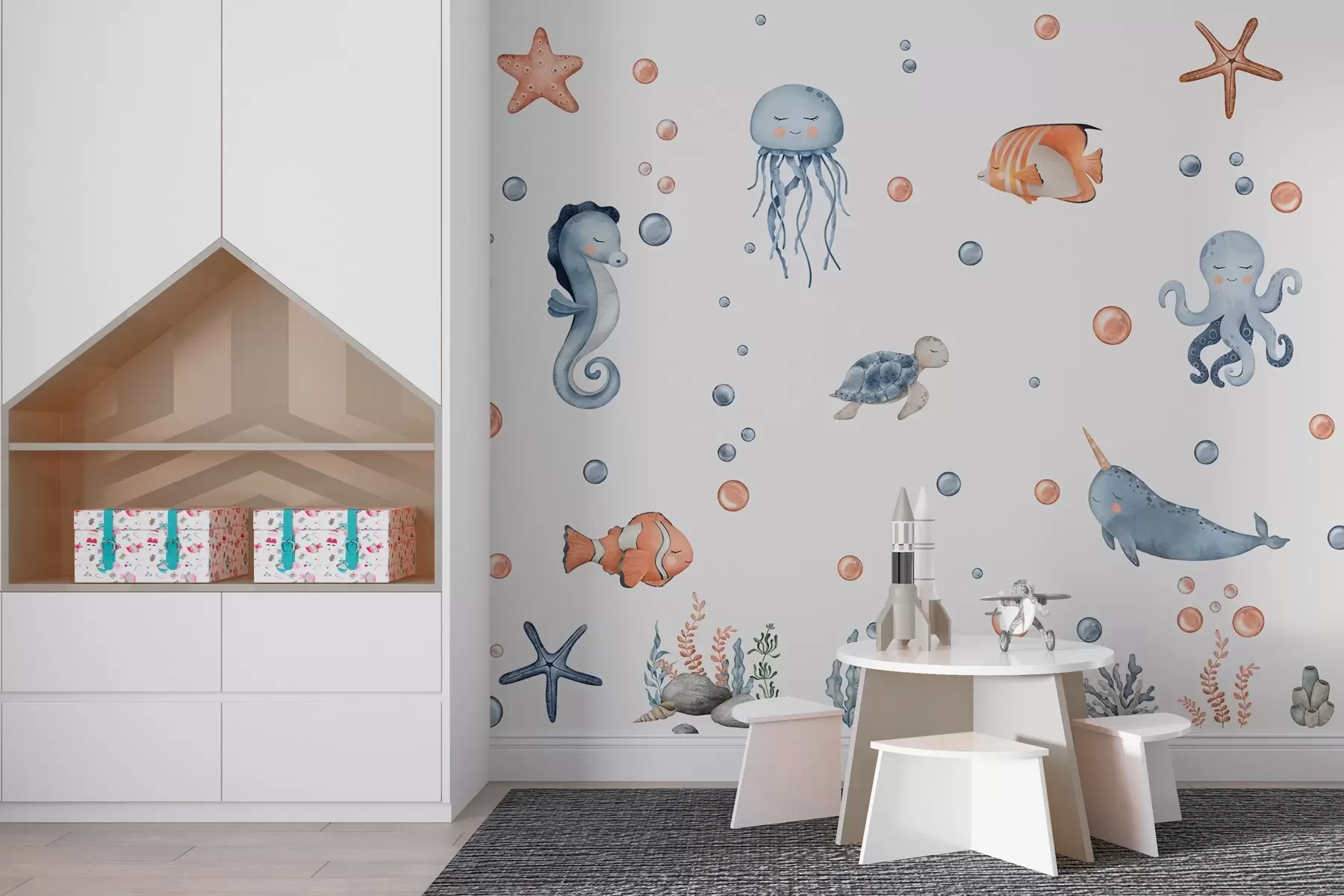 wall murals Playful sea creatures under bubbles w00857