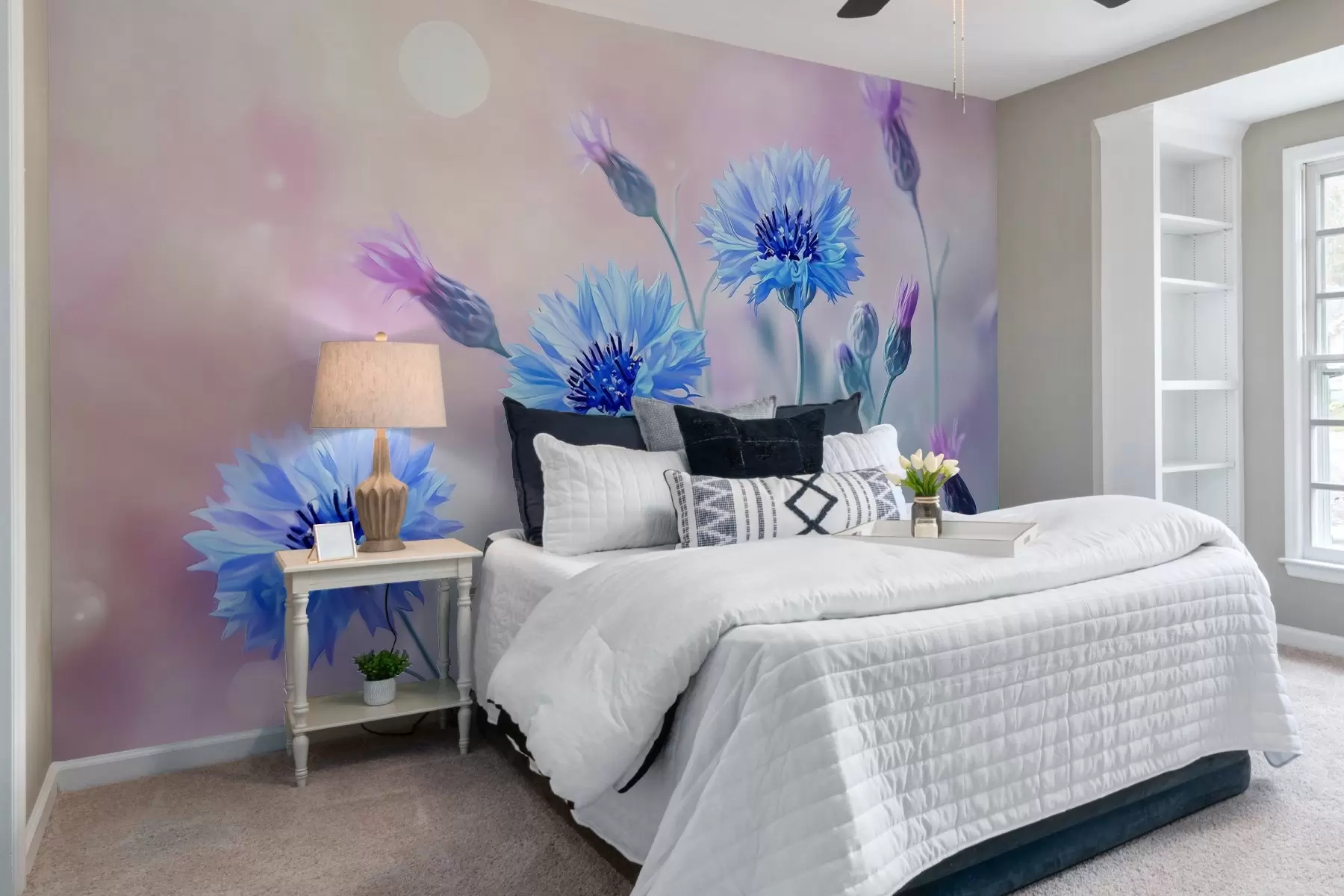 wall murals Large cornflower flowers on a pale pink background w02124