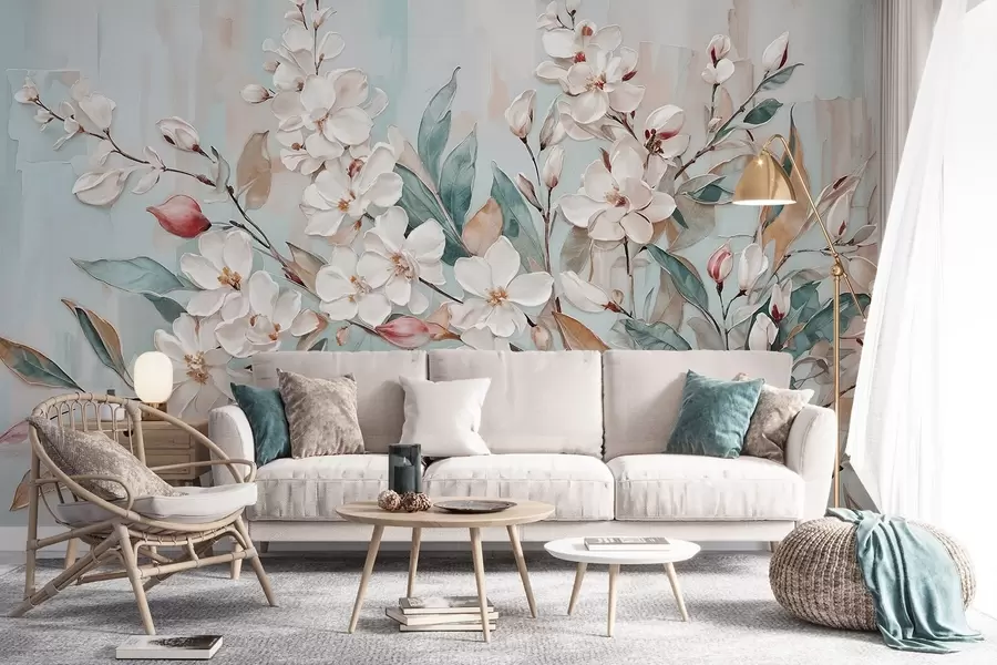 wall murals Floral pastel delicate white flowers with pink centers, surrounded by lush green leaves and branches w08399
