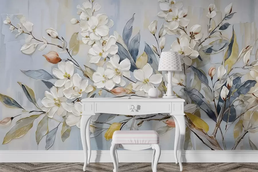 wall murals Floral pastel delicate white flowers with yellow centers, surrounded by lush green leaves and branches w08399v1