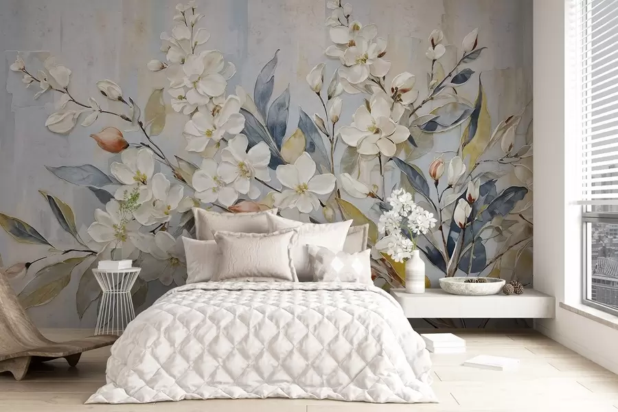 wall murals Floral pastel delicate white flowers with yellow centers, surrounded by lush green leaves and branches w08399v1
