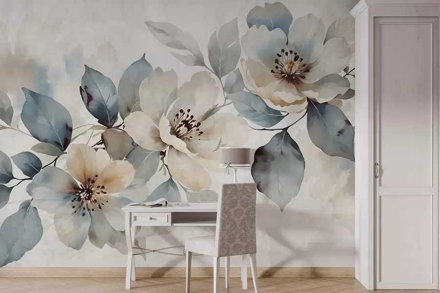 wall murals Delicate watercolor textured white and blue floral arrangement, with soft petals and centers w08401