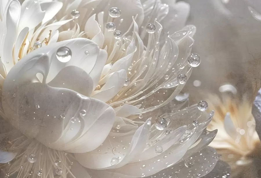 wall murals A close-up of a beige peony flower with water droplets on its delicate petals, creating a soft atmosphere w08402