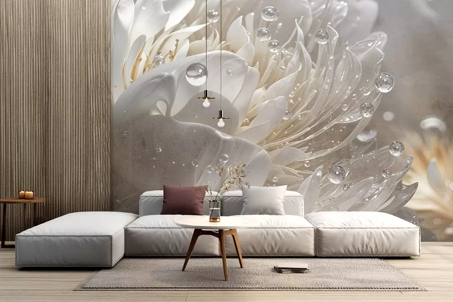 wall murals A close-up of a beige peony flower with water droplets on its delicate petals, creating a soft atmosphere w08402