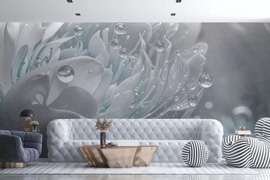 wall murals A close-up of a blue peony flower with water droplets on its delicate petals, creating a soft atmosphere w08402v1