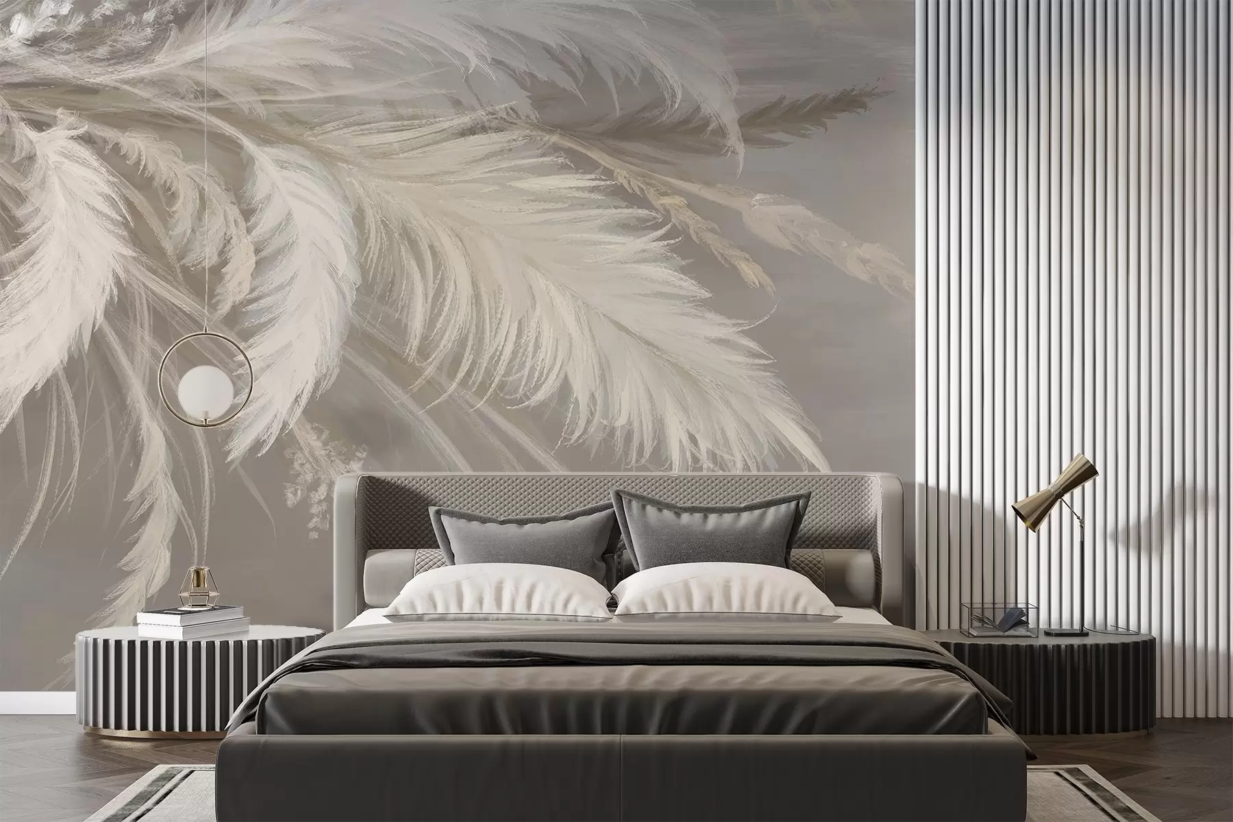 wall murals Soft, fluffy white feathers and dried flowers against a neutral pastel beige background w08403
