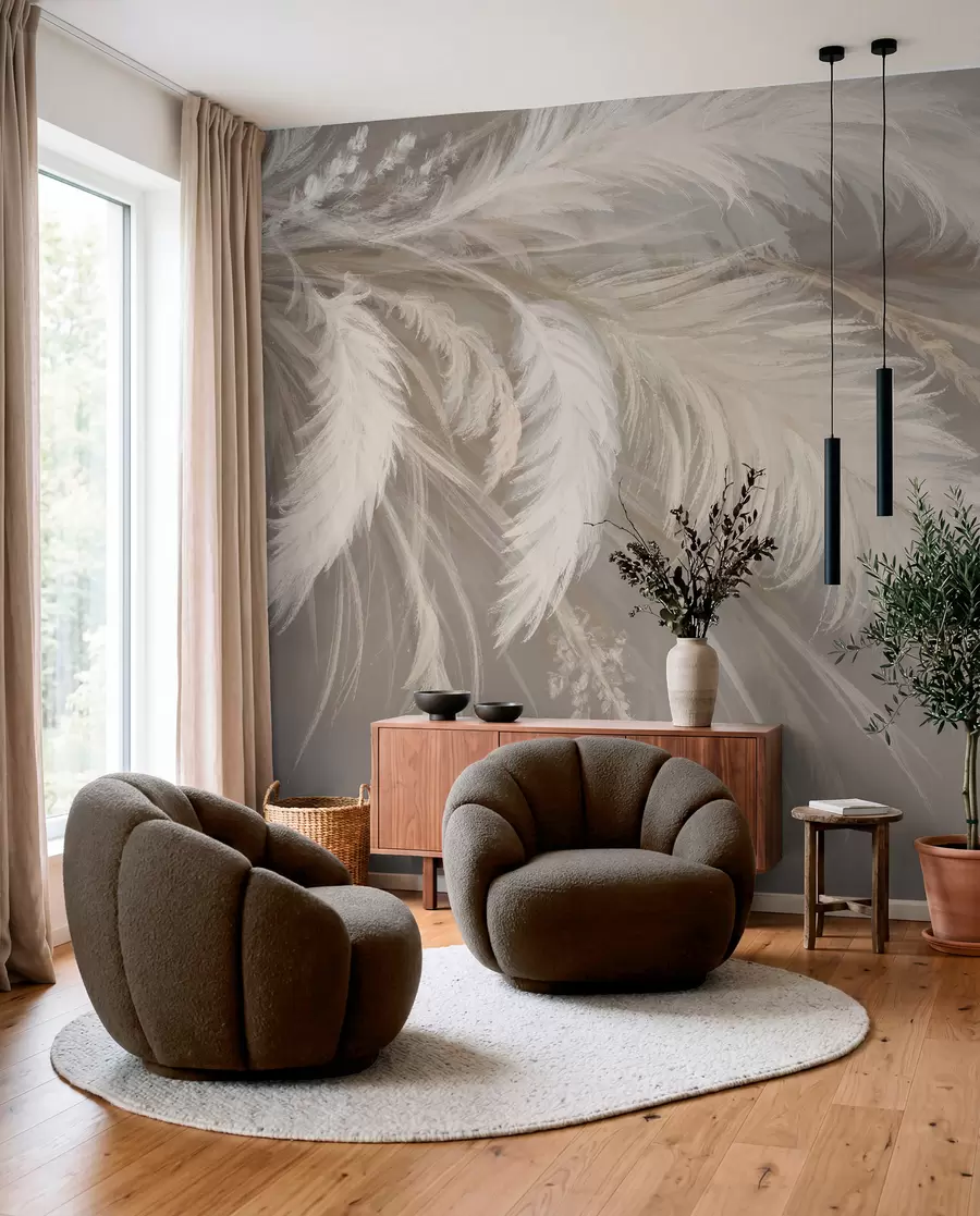 wall murals Soft, fluffy white feathers and dried flowers against a neutral pastel beige background w08403