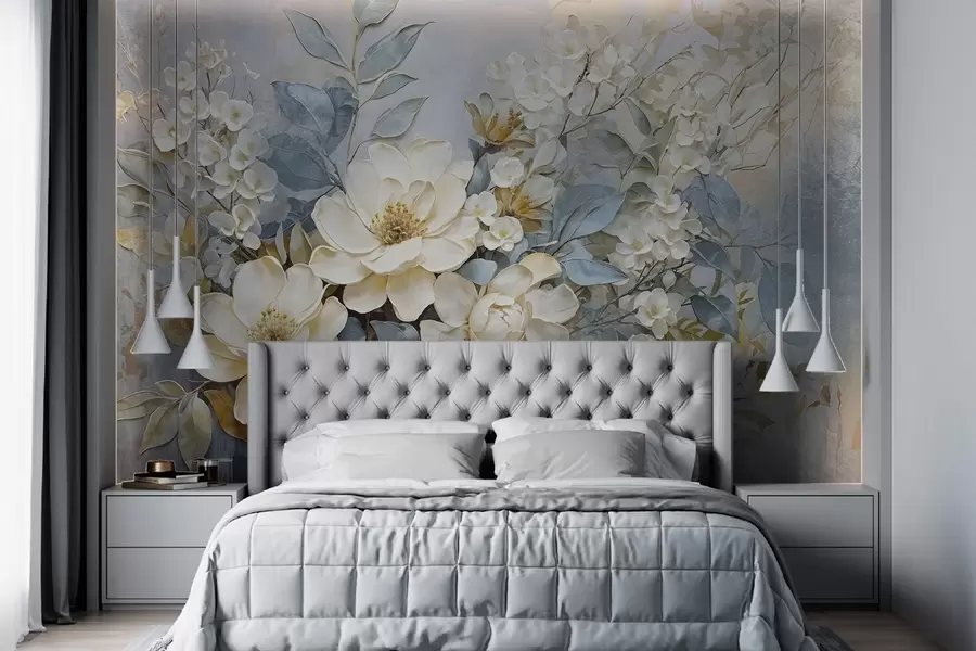 wall murals Textured large white and pale yellow flowers with gray-green leaves against a soft, blurred background w08404