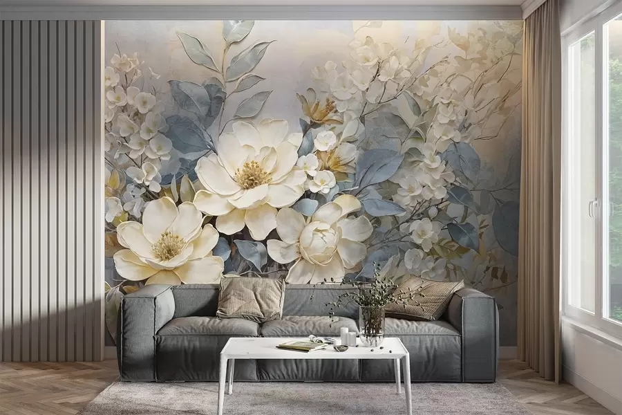 wall murals Textured large white and pale yellow flowers with gray-green leaves against a soft, blurred background w08404