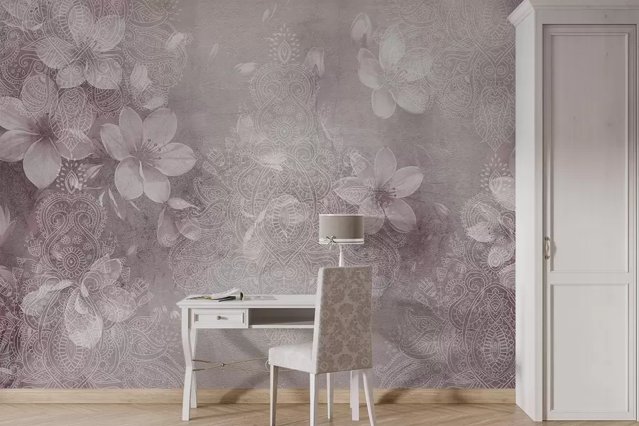 wall murals Soft focus drawing of delicate white flowers on a blurred textured lace bordo background w08405v2