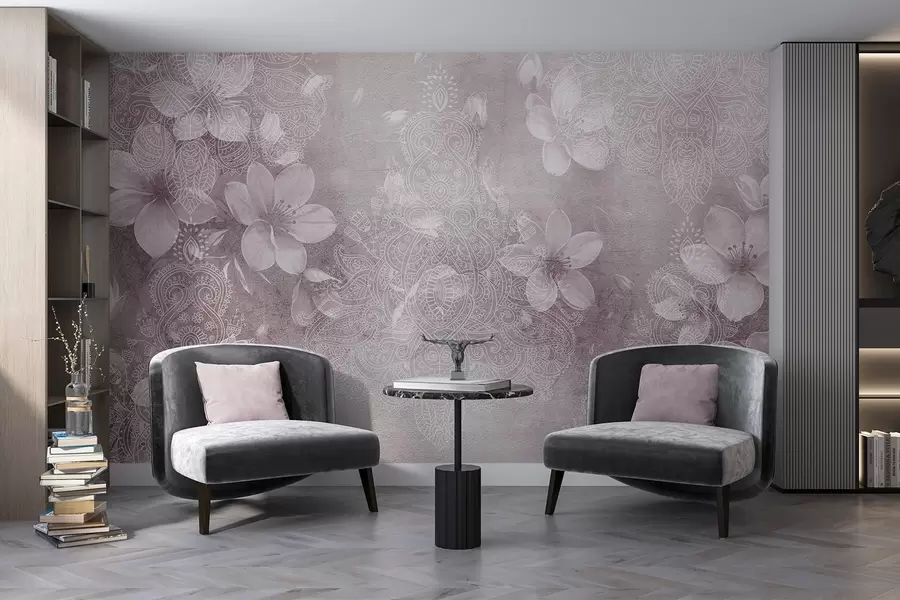 wall murals Soft focus drawing of delicate white flowers on a blurred textured lace bordo background w08405v2