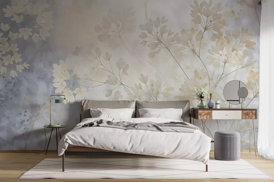 wall murals Delicate abstract pastel print of white flowers on blurred background, soft and ethereal w08408