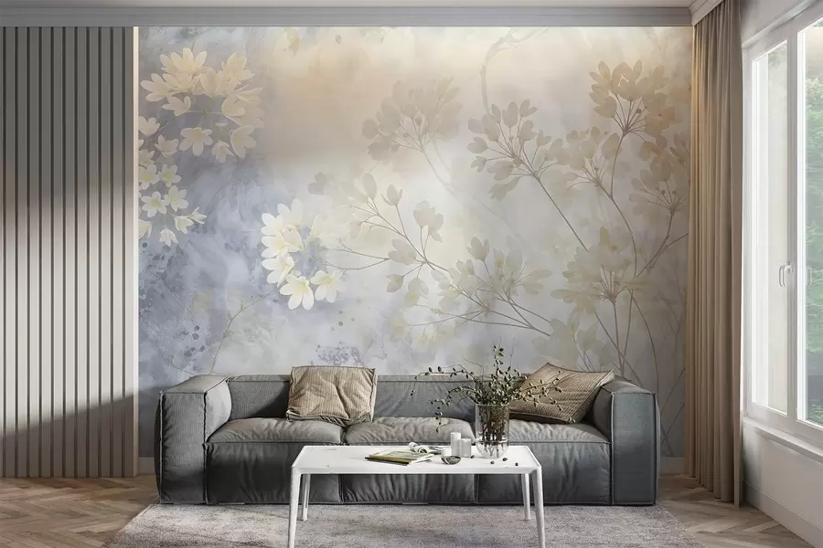 wall murals Delicate abstract pastel print of white flowers on blurred background, soft and ethereal w08408