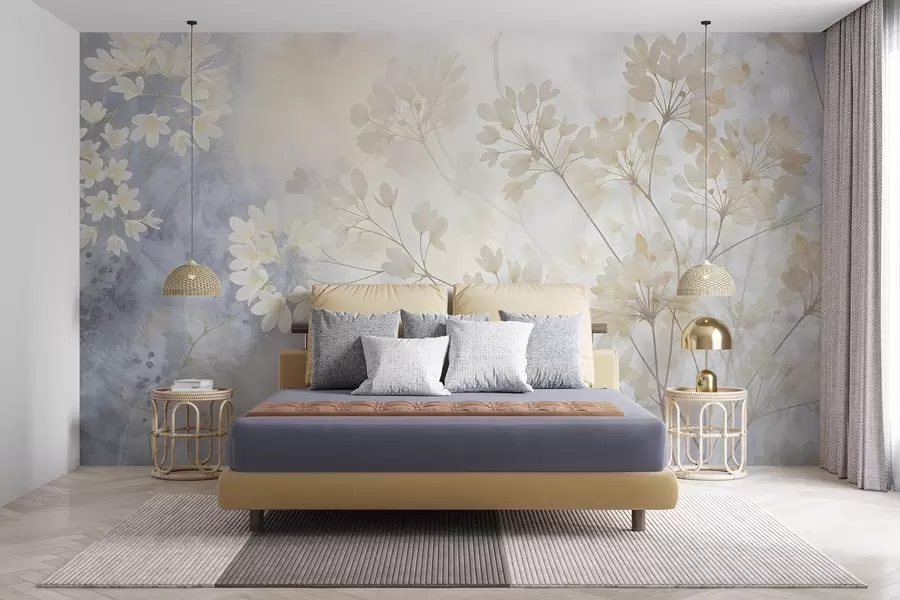 wall murals Delicate abstract pastel print of white flowers on blurred background, soft and ethereal w08408