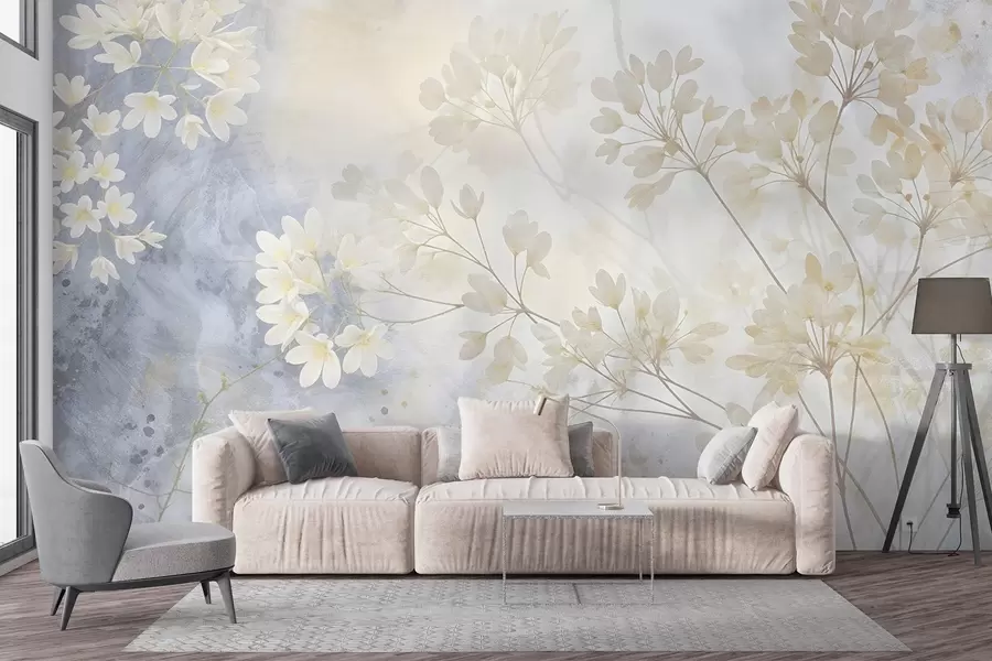 wall murals Delicate abstract pastel print of white flowers on blurred background, soft and ethereal w08408