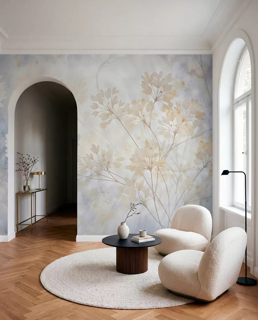 wall murals Delicate abstract pastel print of white flowers on blurred background, soft and ethereal w08408