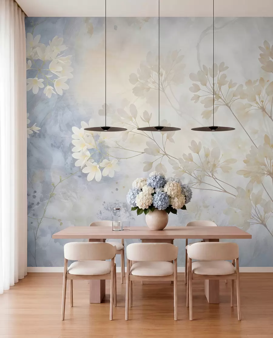 wall murals Delicate abstract pastel print of white flowers on blurred background, soft and ethereal w08408