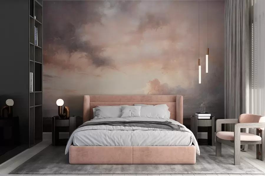 wall murals Dramatic landscape textured print of cloudy sky over a calm lake at sunset, with hills visible in the distance w08409