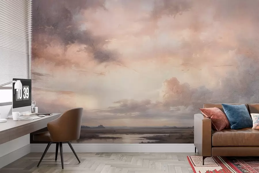 wall murals Dramatic landscape textured print of cloudy sky over a calm lake at sunset, with hills visible in the distance w08409